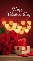 Valentine's day greeting card with roses gift and heart lights on wooden table