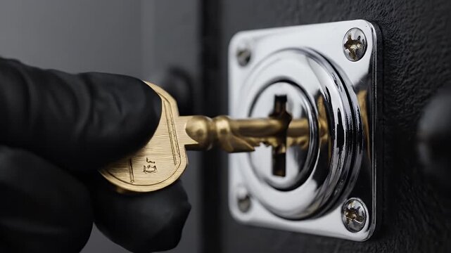 Close up of a gloved hand inserting a brass key into a metallic lock cylinder