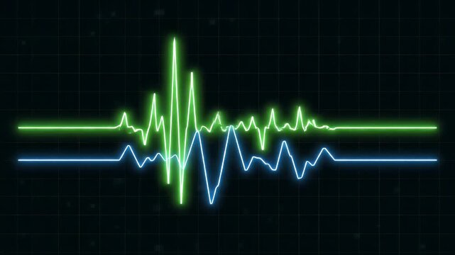 Neon green and blue waveforms oscillate on a dark grid, depicting data
