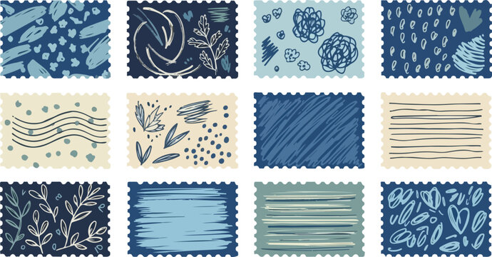 Vintage Blue Postage Stamps and Textured Stickers Set with Floral Patterns, Hearts, and Abstract Scribbles for Valentine Scrapbooking