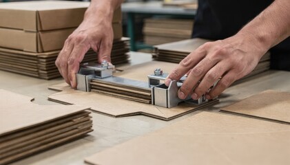 Medium shot of hands using jigs to align rigid paperboard lids showcasing precision and craftsmanship in gift box manufacturing.