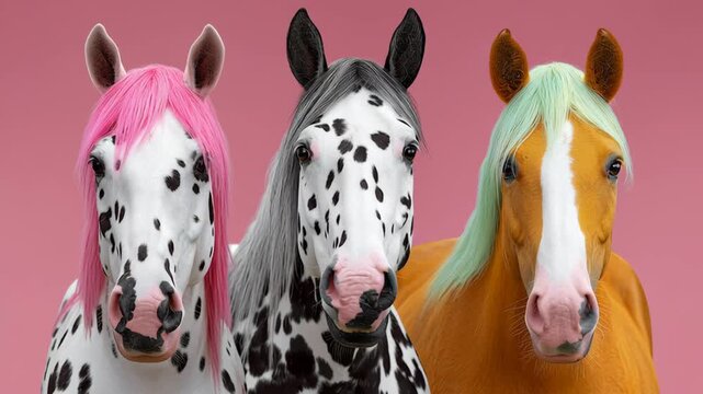 Three colorful horses with unique hairstyles, featuring pink, gray, and green manes, positioned closely together against a vibrant pink background, showcasing their distinct appearances and expression