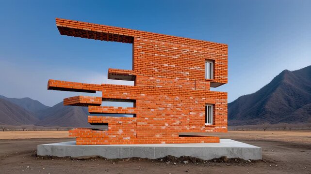 Modern architectural structure made of red bricks showcases a unique design with floating elements and large windows against a backdrop of mountains and clear blue sky