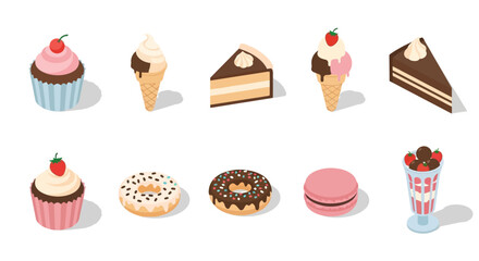 Illustration of various delicious desserts including cakes, donuts, and ice cream cones on a white