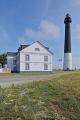 S&otilde;rve lighthouse againts blue sky in summer, S&otilde;rve Peninsula, Saaremaa, Estonia.