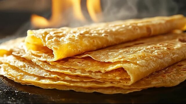 Golden crepes stacked, warm steam wafting, perfect for breakfast.