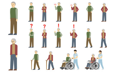 フラットイラスト：シニア男女セット(表情あり)