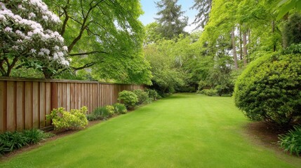 Fototapeta premium Serene Green Lawn Surrounded by Lush Trees and Vibrant Flowers in a Tranquil Garden Setting for Relaxation and Outdoor Inspiration