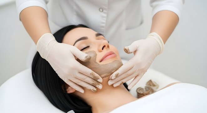 a woman getting a facial mask on her fac