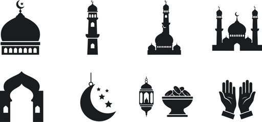 Naklejka premium Islamic Architecture and Symbols Collection Silhouette Icons vector illustration