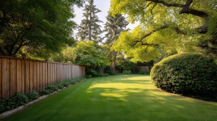 Naklejka premium Lush Green Backyard Oasis with Vibrant Trees and Plentiful Sunshine Illuminating a Tranquil Garden Space for Relaxation and Recreation