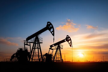 Oil pumps silhouetted against sunset sky depicting energy extraction