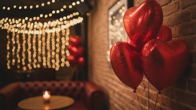 Romantic Valentine&rsquo;s Day setting with red heart balloons, warm candlelight, and glowing string lights, creating an intimate atmosphere for love and celebration.