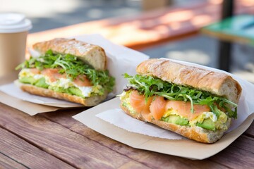 Smoked salmon sandwich with avocado and arugula on rustic bread