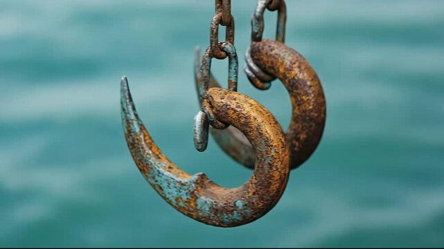 Close-up of rusty metal hooks and chains against a blue background.