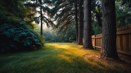 Obraz premium Serene Peaceful Garden Scene with Tall Trees, Lush Grass, Morning Light, and Beautiful Sunlight Filtering Through Leaves in a Quiet Backyard Space