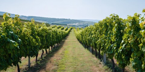Obraz premium Vibrant vineyard landscape on a sunny day with rows of lush green grapevines