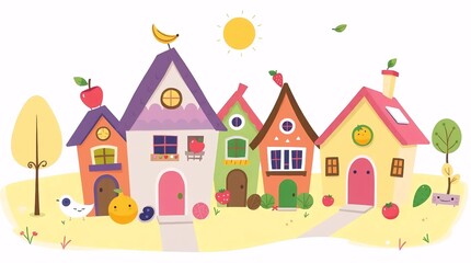 Fototapeta premium Colorful houses in a serene village scene with trees and a sunny sky
