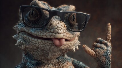 Obraz premium A charming lizard wearing sunglasses poses with a thoughtful gesture in a close-up studio shot