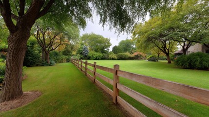 Serene Landscape with Lush Green Lawn, Wooden Fence, Trees, and Beautiful Garden in a Peaceful Outdoor Setting on a Clear Day