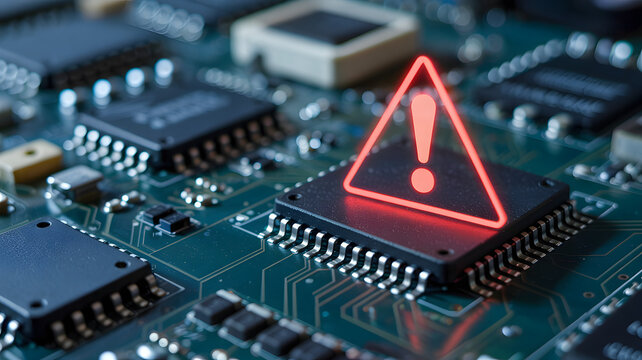 Glowing red warning symbol on a microchip of an electronic circuit board signaling a syste