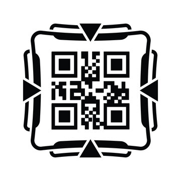 Minimal black and white illustration of a QR code printed on a receipt or ticket icon, centered on a circular background. Concept of digital payment, scanning, billing, e-commerce, and contactless tra