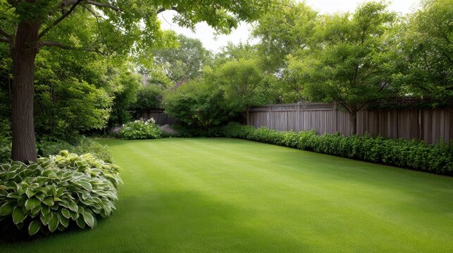Lush Green Backyard with Vibrant Foliage and Well-Maintained Lawn Surrounded by Trees and Shrubs in a Peaceful Residential Setting