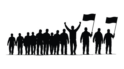 A group of people standing together holding flags and raising their hands in unity. Vector