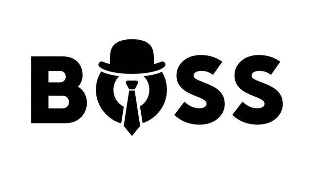 Stylized boss logo with bowler hat and tie on white background symbolizing leadership and business