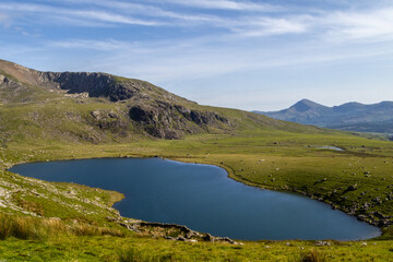 A Scenic Blue Mountain Lake Nestled in a Vast Green Valley
