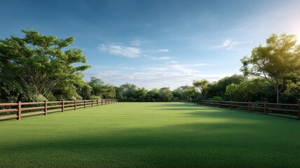 Obraz premium Vast Green Field Surrounded by Lush Trees and Wooden Fence Under Clear Blue Sky in Bright Daylight Perfect for Nature and Landscape Photography