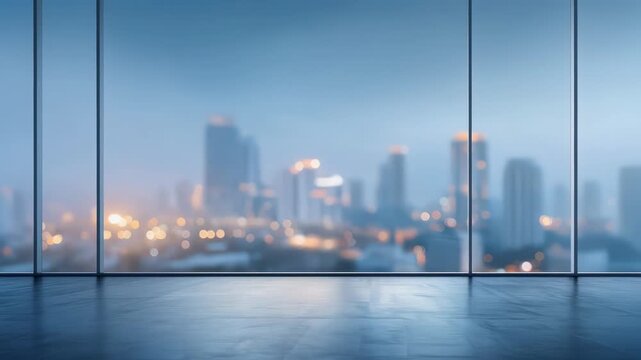 A modern interior with a city skyline view through large windows.