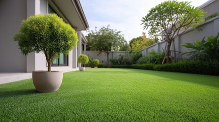 Lush Green Artificial Lawn Surrounded by Modern Architecture and Decorative Plants Under Bright Sunny Sky in Residential Backyard Setting