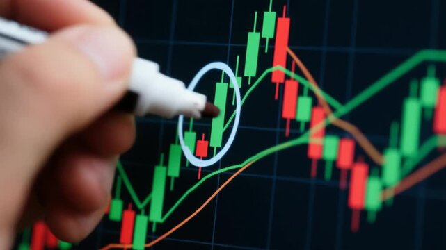 Businessman analyzing stock market charts bullish trend financial trading digital economic graph highlighting candlestick pattern investment strategy planning for market growth and analysis