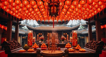 Traditional Chinese Temple Interior with Lanterns.