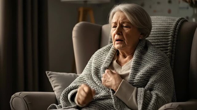 Reflective elderly woman in quiet contemplation on cozy armchair at home