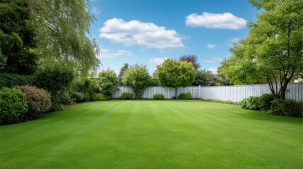 Fototapeta premium Lush Green Backyard Landscape Under Bright Blue Sky with Beautiful Trees and Vibrant Shrubs Surrounded by a White Wooden Fence