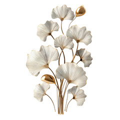 Elegant sculptural arrangement featuring luxurious white and gold metallic ginkgo biloba fan leaves on transparent background