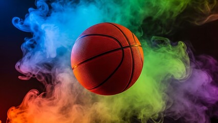 Vibrant Basketball Surrounded by Colorful Smoke.
