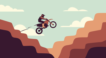 Motorcyclist in mid-air jump between rocky cliffs. © Abhinaya Project