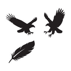 Obraz premium Flying eagle silhouettes and feather icon set in bold black vector style.