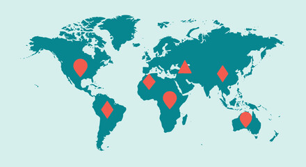 Fototapeta premium World map with marked locations on different continents.
