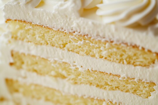 White vanilla layer cake with buttercream frosting close-up macro shot.