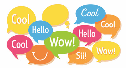 colorful speech bubbles with hello, wow and cool words