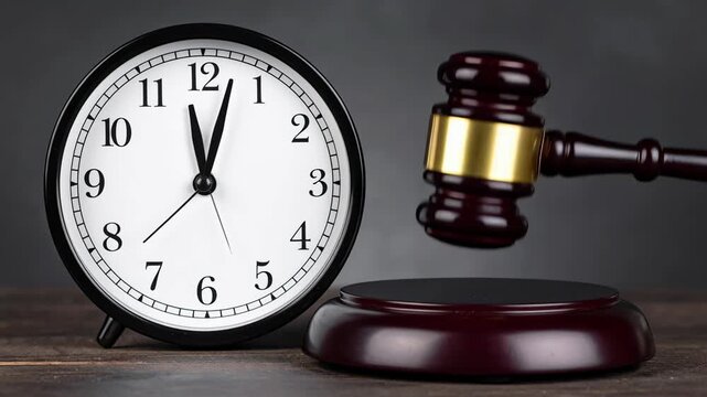 Legal deadline nears, clocks final time for justice. court gavel symbolizes serious judgment under law, with possibility of significant penalty
