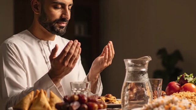 Muslim man praying before iftar meal at dinner table during ramadan