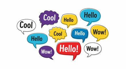 colorful speech bubbles with hello, wow, cool