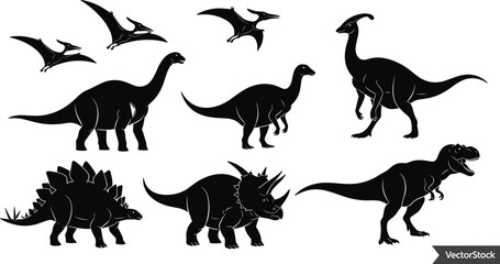 Black and white dinosaur silhouette set featuring trex pterodactyl stegosaurus and brontosaurus for educational kids design minimalist prehistoric animal vector collection © Kaziul