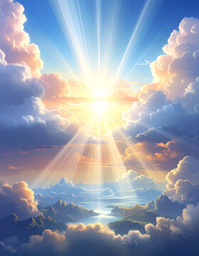 Radiant sunlight bursts through soft, billowing clouds over mountains and water
