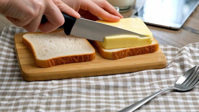 Person hand preparing simple breakfast, cutting fresh slice of bread with knife. Minimalist food composition on wooden board with butter evokes wholesome, homely meal